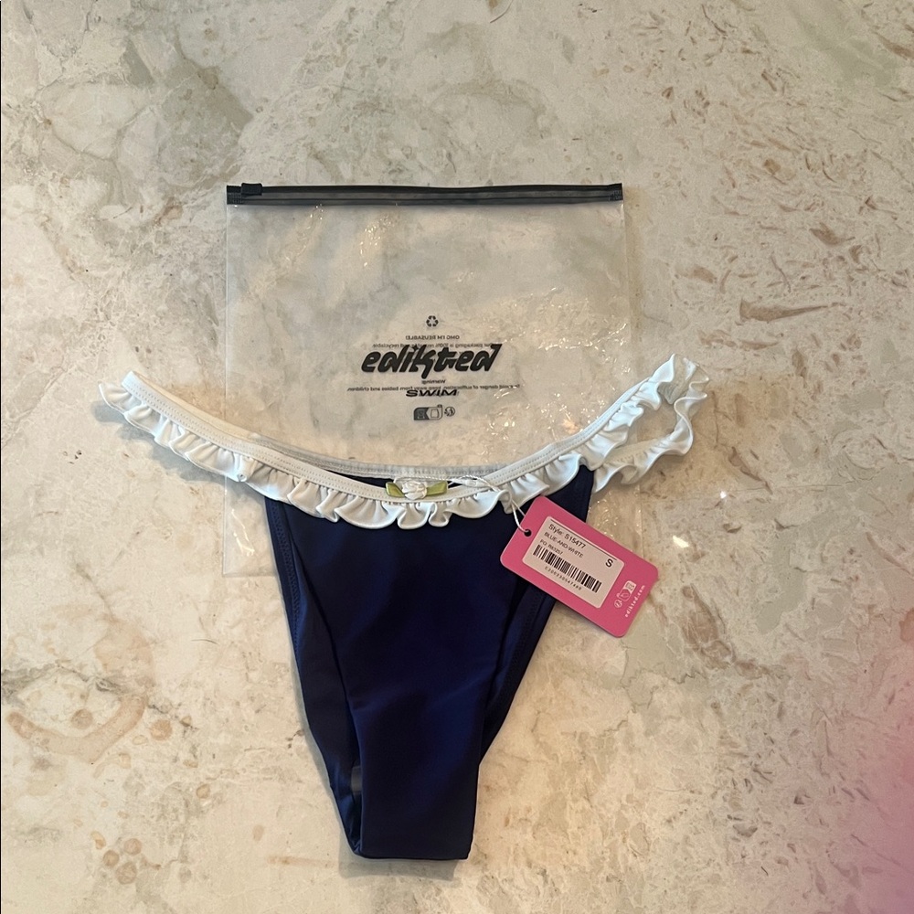Edikted Navy Blue Bikini Bottom with White Ruffle Trim